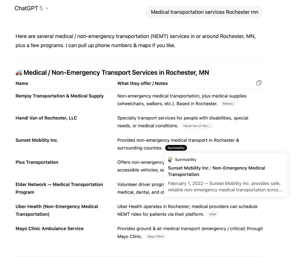 sunset mobility Inc rank top 3 on gpt