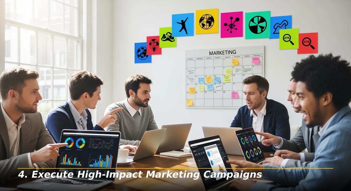4. Execute High Impact Marketing Campaigns Visualize a vibrant scene of a diverse team of profession 1