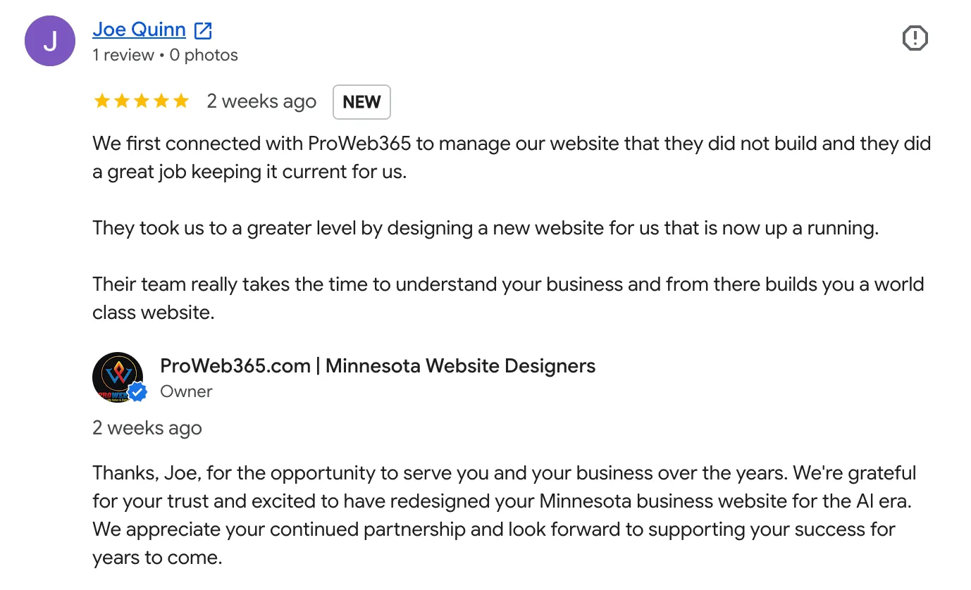Clients Google Review for ProWeb365 1